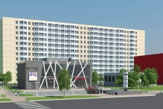 A two-storey shopping center on Prospect Dobrovolsky