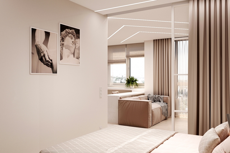 Design of a one-room apartment with an area of 40.7 sq. M. for a couple without children.